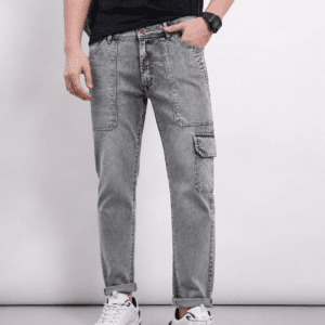 Tapered Grey Washed Denim Cargo Jeans