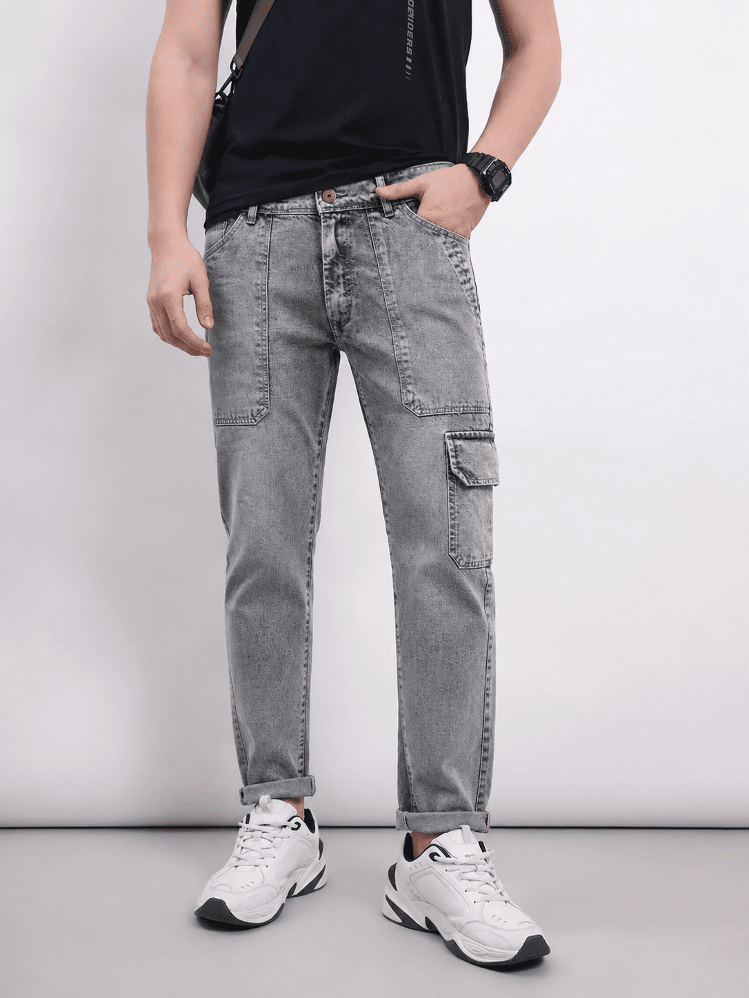 Tapered Grey Washed Denim Cargo Jeans