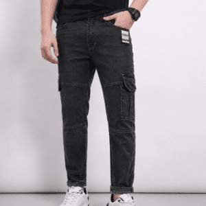 Slim Black Washed Denim Cargo Jeans