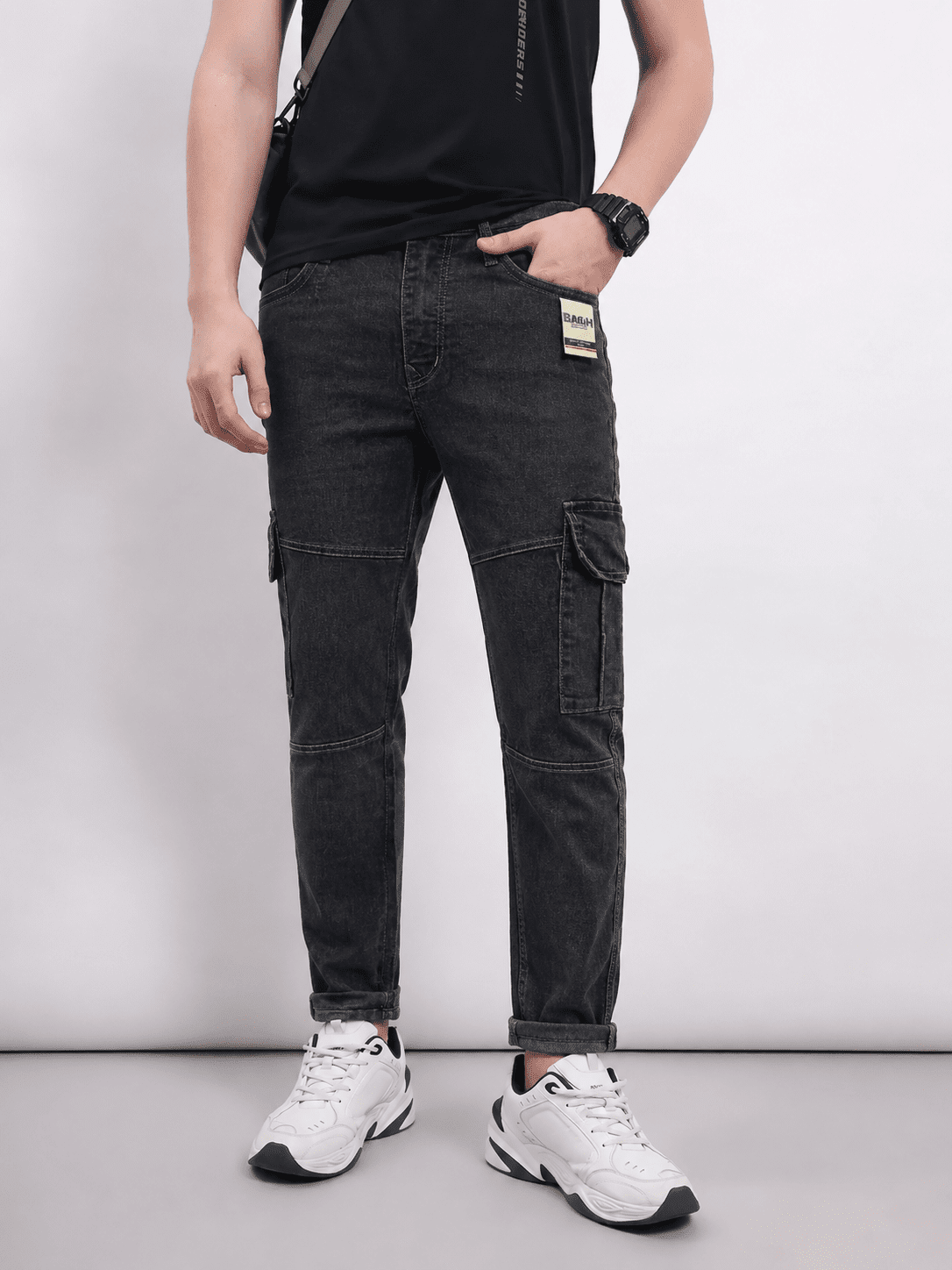 Slim Black Washed Denim Cargo Jeans