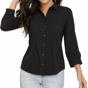 Tailored Collared Button-Front Black Top