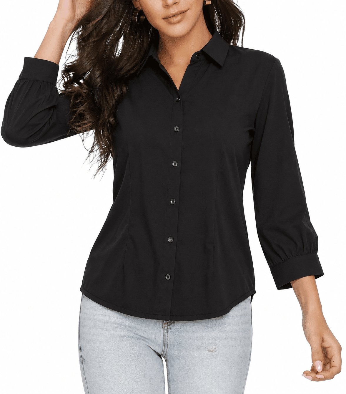 Tailored Collared Button-Front Black Top