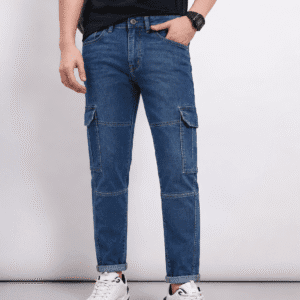 Slim Tapered Medium Wash Denim Cargo Jeans