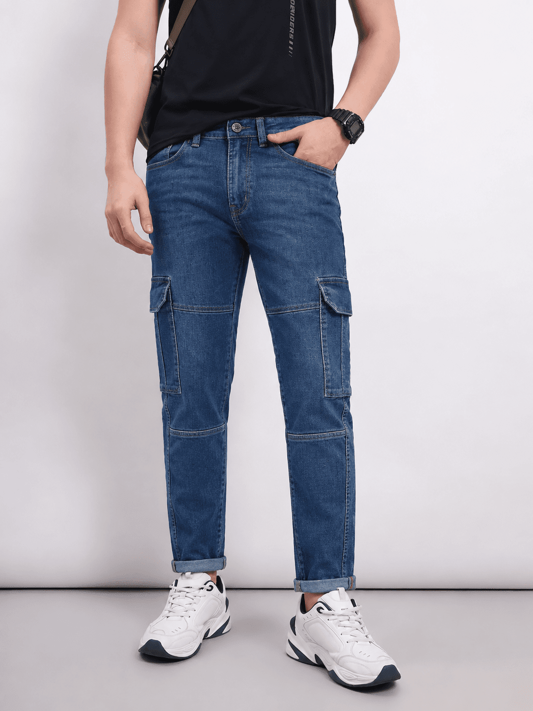 Slim Tapered Medium Wash Denim Cargo Jeans