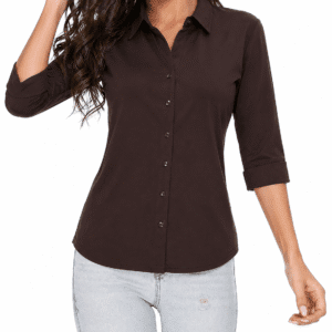 Women's Solid Brown Button-Front Collared Top