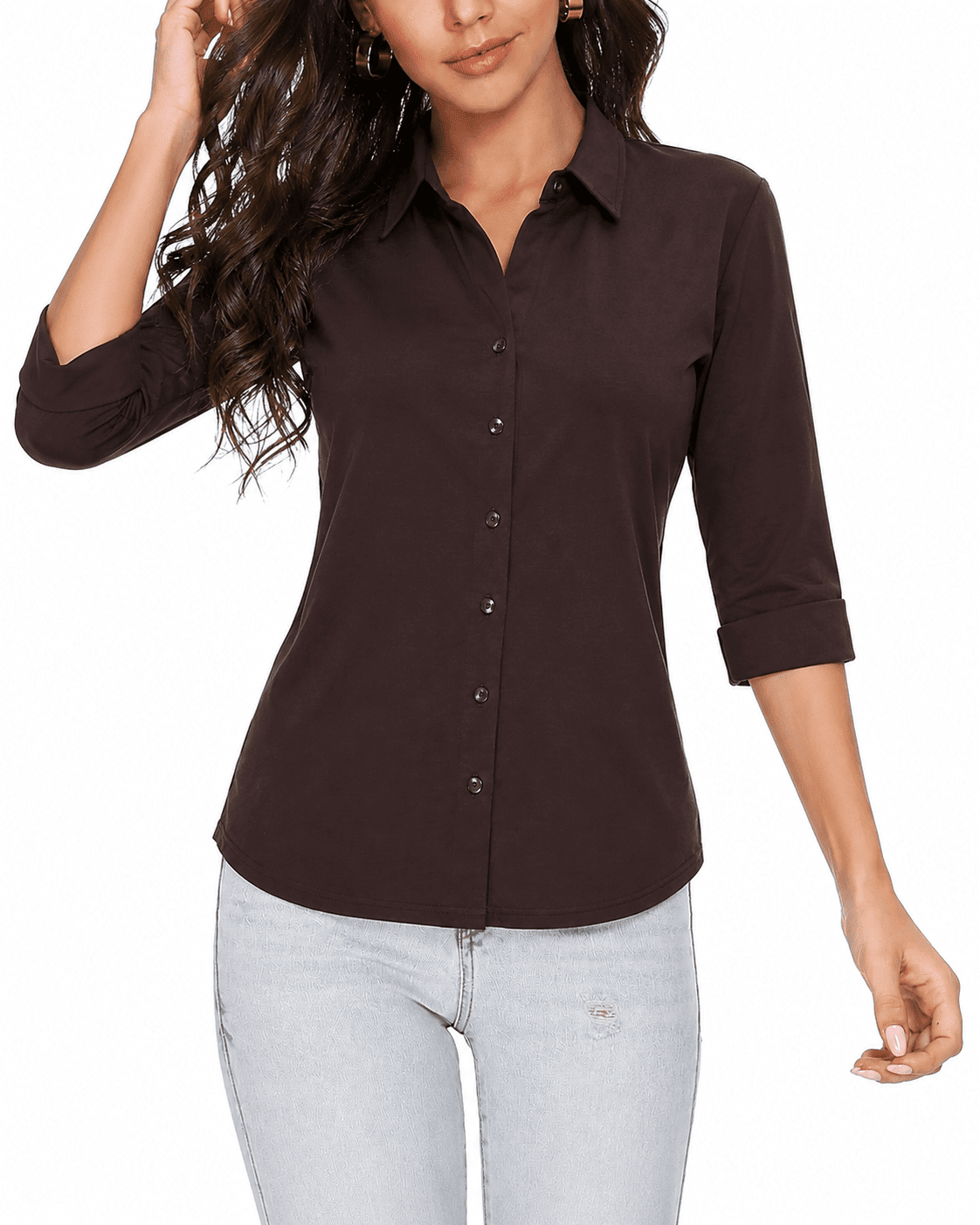 Women's Solid Brown Button-Front Collared Top