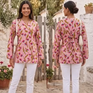 Pink Floral V Neck Women Top